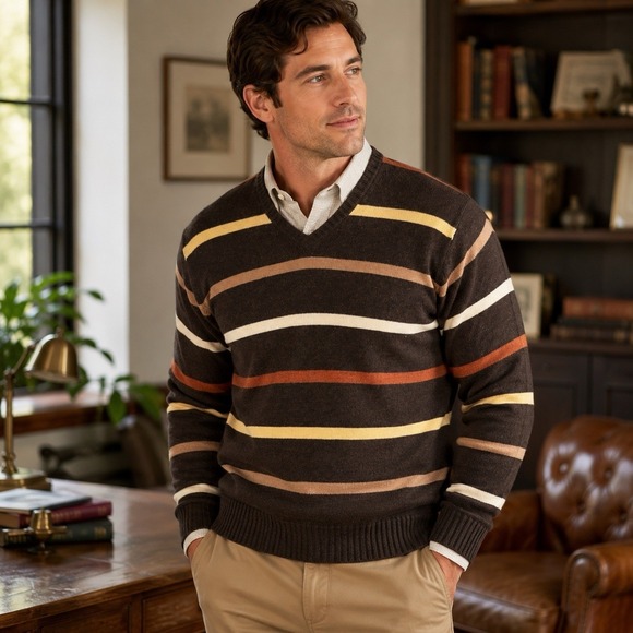 Jos. A. Bank Other - Jos A Bank 80% Lambswool Sweater Mens XL Brown Stripe V Neck Grandpa Core Preppy